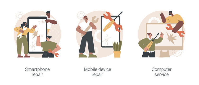 Gadget fixing abstract concept vector illustration set. Smartphone and electronic device repair, computer service, broken gadget, data recovery, screen replacement, diagnostics abstract metaphor.