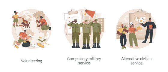 Community service abstract concept vector illustration set. Volunteering and compulsory military and alternative civilian service, mandatory work, non-profit social organization abstract metaphor.