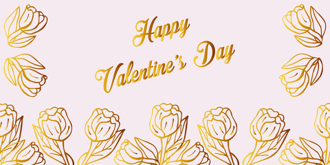 Valentine's Day golden banner with tulip flowers.  Hand-drawn vector illustration.