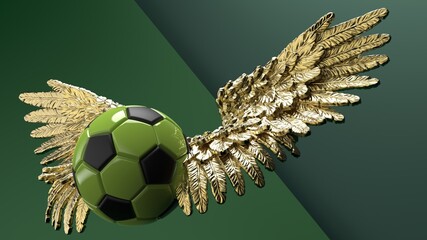Black-green soccer ball with the gold wings on green planes under flash light background. 3D CG. 3D illustration. 3D high quality rendering.