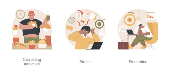 Mental problem abstract concept vector illustration set. Overeating addiction, stress and frustration, addictive food-related behavior, overworking, psychologist session, anxiety abstract metaphor.