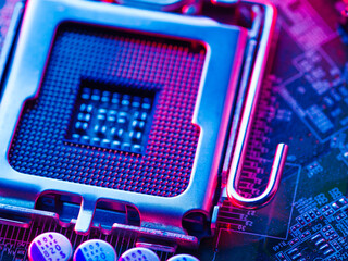 Processor, desktop microprocessor on the surface of a computer motherboard close up. Semiconductor pins and connectors. Electronic and computer equipment.