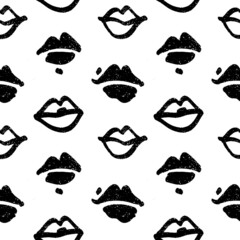 Vector hand drawn seamless pattern with lips. Abstract fashion background. Monochrome texture.