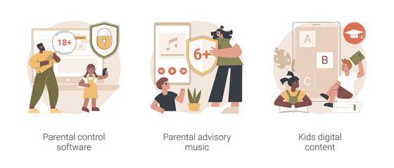 Media content limitation technology abstract concept vector illustration set. Parental control software, parental advisory music, kids digital content, warning label, access abstract metaphor.