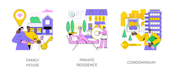 Real estate market abstract concept vector illustration set. Family house, private residence, condominium, mortgage loan, down payment, land ownership, detached home, backyard abstract metaphor.