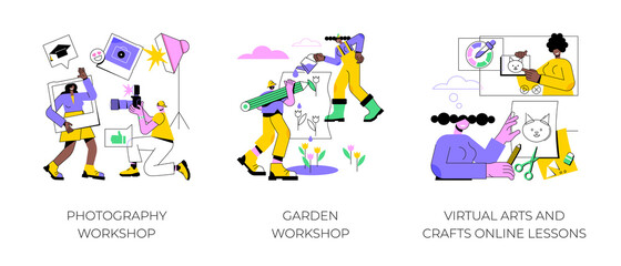Free educational courses abstract concept vector illustration set. Photography and garden workshop, virtual arts and crafts online lessons, improve skills, creative lab, DIY abstract metaphor.