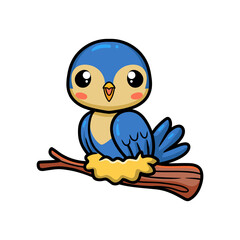 Cute little blue bird cartoon on tree branch