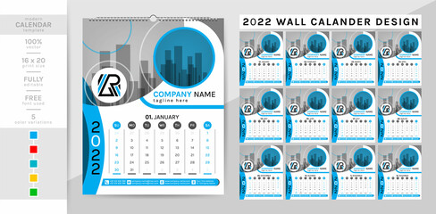 Wall calendar and planner diary template for the year 2022. This creative elegant calendar is a must for your home and office. 2 theme colorwork, black, and others. The 12-page week begins on Sunday.