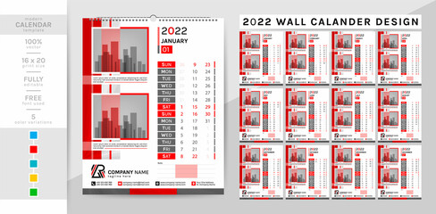 Wall calendar and planner diary template for the year 2022. This creative elegant calendar is a must for your home and office. 2 theme colorwork, black, and others. The 12-page week begins on Sunday.