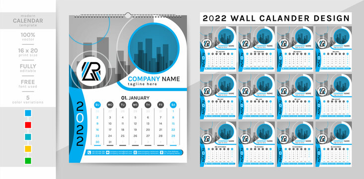 Wall calendar and planner diary template for the year 2022. This creative elegant calendar is a must for your home and office. 2 theme colorwork, black, and others. The 12-page week begins on Sunday.