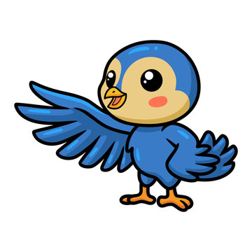 Cute little blue bird cartoon waving hand