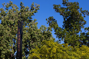 Image of a 'Pasadena' sign located at the Pasadena and San Marino city limit shown in Los Angeles County, California..