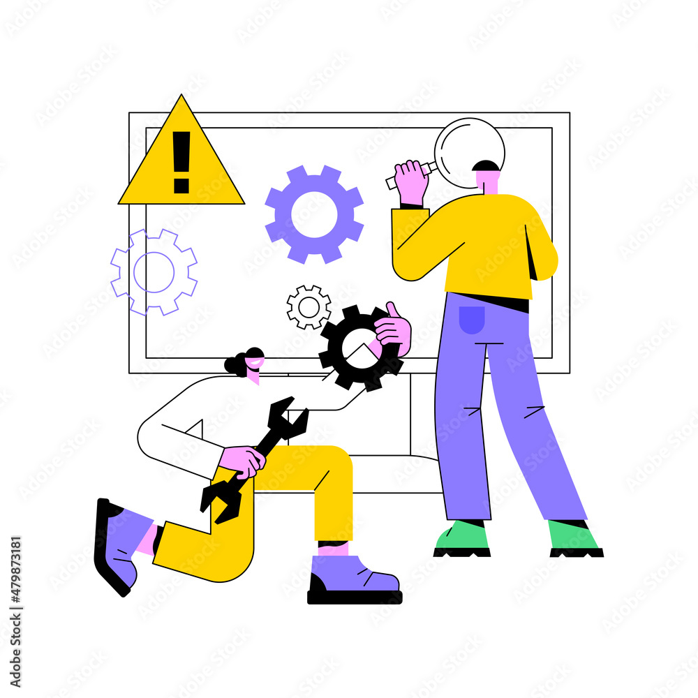 Poster computer troubleshooting abstract concept vector illustration. basic fixing problems guide, operatin
