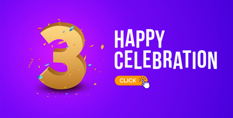 Anniversary birthday 3 years golden background. Happy vector poster 3 anniversary confetti celebration poster