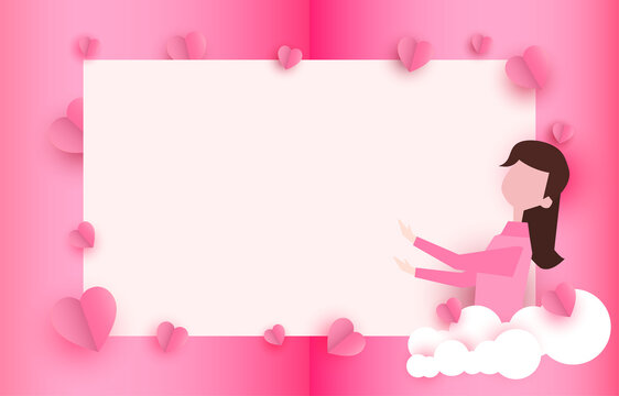 cartoon women paper cut elements in shape of heart on rectangular frame has free space.and pink sweet background. Vector symbols of love for Happy Valentine's Day, birthday greeting card design.