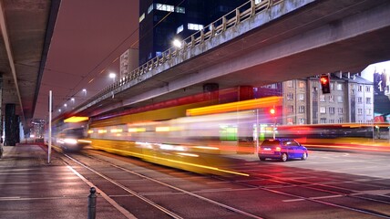 Fototapeta na wymiar Modern tram in motion blur, city public transportation