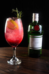 drinks tropical citrus fruits over ice, with sprigs of herbs, grants space for text in blurred background