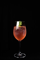drinks tropical citrus fruits over ice, with sprigs of herbs, grants space for text in blurred background