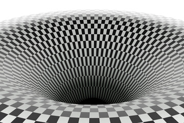 3D Render of a checker pattern of warped space in a black hole like fashion