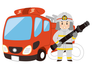 消防士の男性とはしご消防車