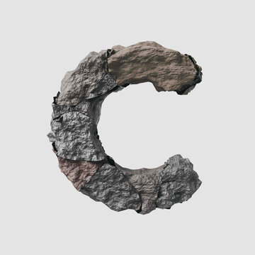 Stone letter C on light background isolated metall rusty thrash foil white background