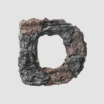 Stone letter D on light background isolated metall rusty thrash foil white background