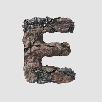Stone letter E on light background isolated metall rusty thrash foil white background