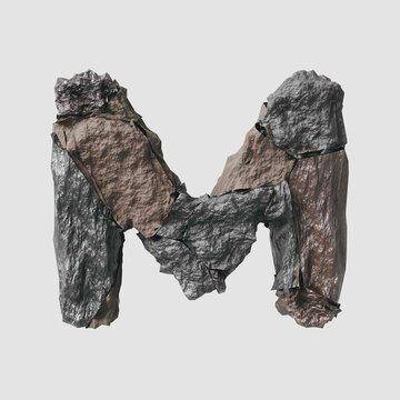 Stone letter M on light background isolated metall rusty thrash foil white background