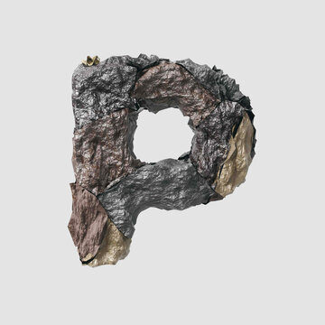 Stone letter P on light background isolated metall rusty thrash foil white background