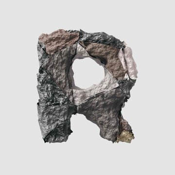 Stone letter R on light background isolated metall rusty thrash foil white background