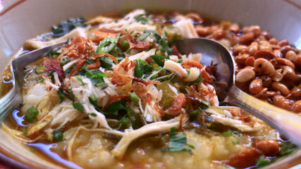 Indonesian chicken and rice porridge. 