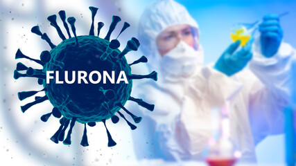 Flurona Coronavirus variant. New outbreak of Covid-19. Flu mutation SARS-CoV-2. Virus bacterium....