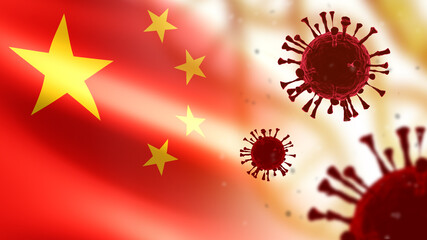 Flurona variant in China. COVID-19 Delta plus bacteria. Mutated coronavirus Omicron. SARS-CoV-2 on background China PRC flag. New Flurona Virus spread. Dangerous flu. Immunity development. 3d image