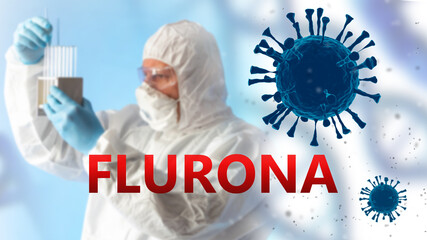 Flurona variant research. Covid-19 Coronavirus is new strain. Flurona text next to biologist....