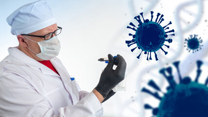 Doctor virologist. Molecules coronavirus are blue. Doctor is taking tests for Covid-19. Flurona...