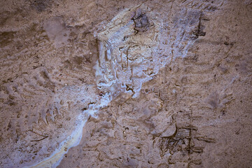 Spilled gasoline or oil soaks into sand on a country road