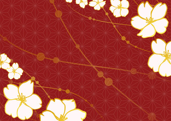 金色の桜の花と麻の葉模様の背景素材