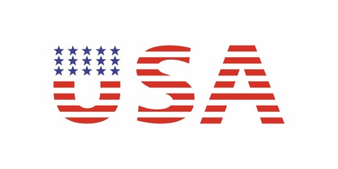 Color illustration text, flag on a white background. Design element for poster, banner, emblem, sticker, print, badge. Vector illustration. Symbols of the USA.