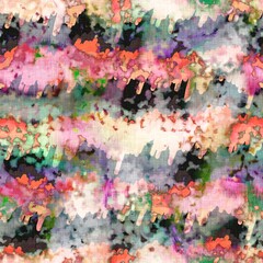 Messy summer tie dye batik beach wear pattern. Seamless colourful stain space dyed effect fashion. Washed out soft furnishing background. 