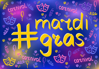 Naklejka premium Mardi gras horizontal banner in doodle style. Fat tuesday concept for social media poster, festive flyer, wallpaper, background or other. Vector illustration.