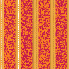 Stylized Hibiscus Stripe repeat vector pattern. Vertical - obrazy, fototapety, plakaty