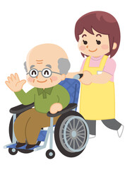 介護士の女性と車椅子の高齢男性