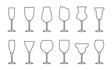Wine glass thin line outline contour icon set in flat style. Sign object for mobile app and website. Bar symbol, logo for company or store. Simple concept, design alcohol element. Vector illustration