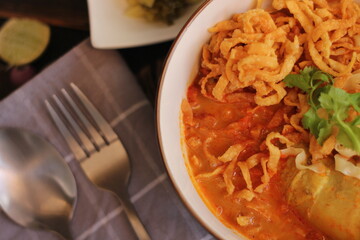 Thai Food, Northern Style Curried Noodle Soup or what we call in thai 