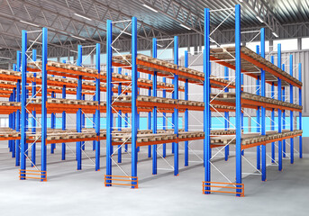 Multi-tiered storage systems. Warehouse furniture. Warehouse racks for in-flight storage. Empty high bay warehouse. Storage space for logistics company. Logistic business concept. 3d rendering.