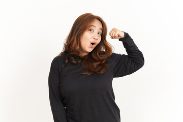 Fototapeta premium Showing strength arms Of Beautiful Asian Woman Wearing Black Shirt Isolated On White Background