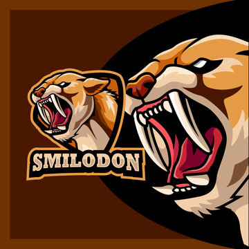 Cartoon smilodon head mascot design template