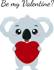 A little koala holds a heart in his hands. Greeting card for valentine's day. Vector illustration for designs and print.