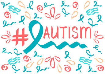 World autism day concept in doodle style on white background. Autism awareness medical banner for support people with autistic disturbance and solidarity with blue ribbon symbol. Vector illustration.