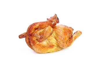 Roasted whole chicken isolated on white background. Traditional Cantonese style roasted chicken for all Chinese festival